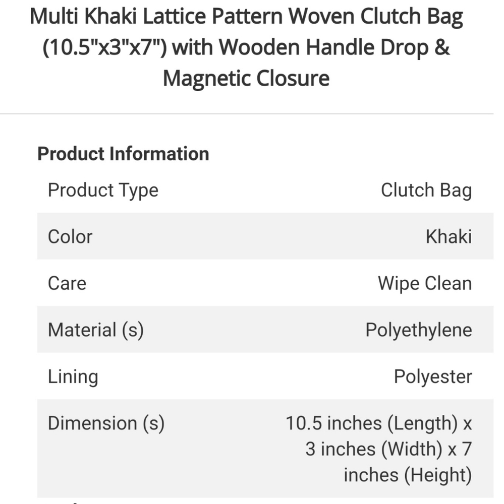 Multi Khaki Lattice Pattern Woven Clutch Bag (10.5"x3"x7") Wooden Handle Drop - Picture 12 of 13
